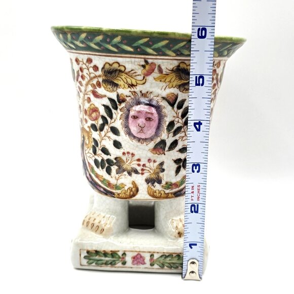 VTG Footed Planter Lion Faces Floral Vase Crackle Crazing Effect Signed Numbered - Picture 8 of 9